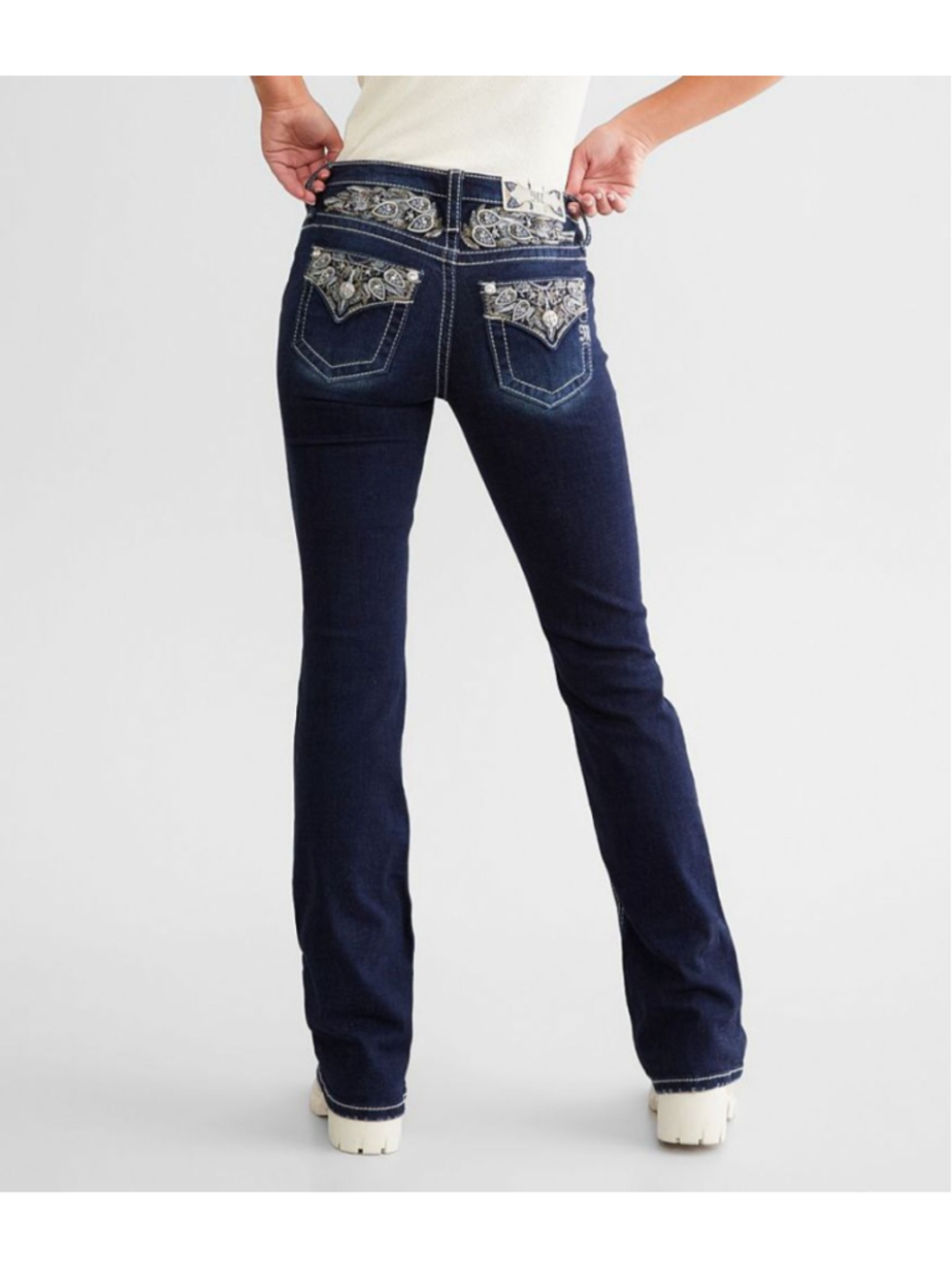 Miss Me Mid Rise Boot Stretch Jean Rhinestone Embellished Pockets Embroidered 27